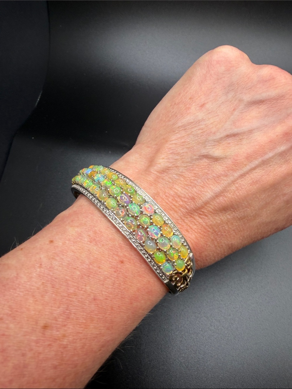 Ethiopian Welo Opal 9.20 CTW 925 Sterling Silver Platinum Overlay Cuff